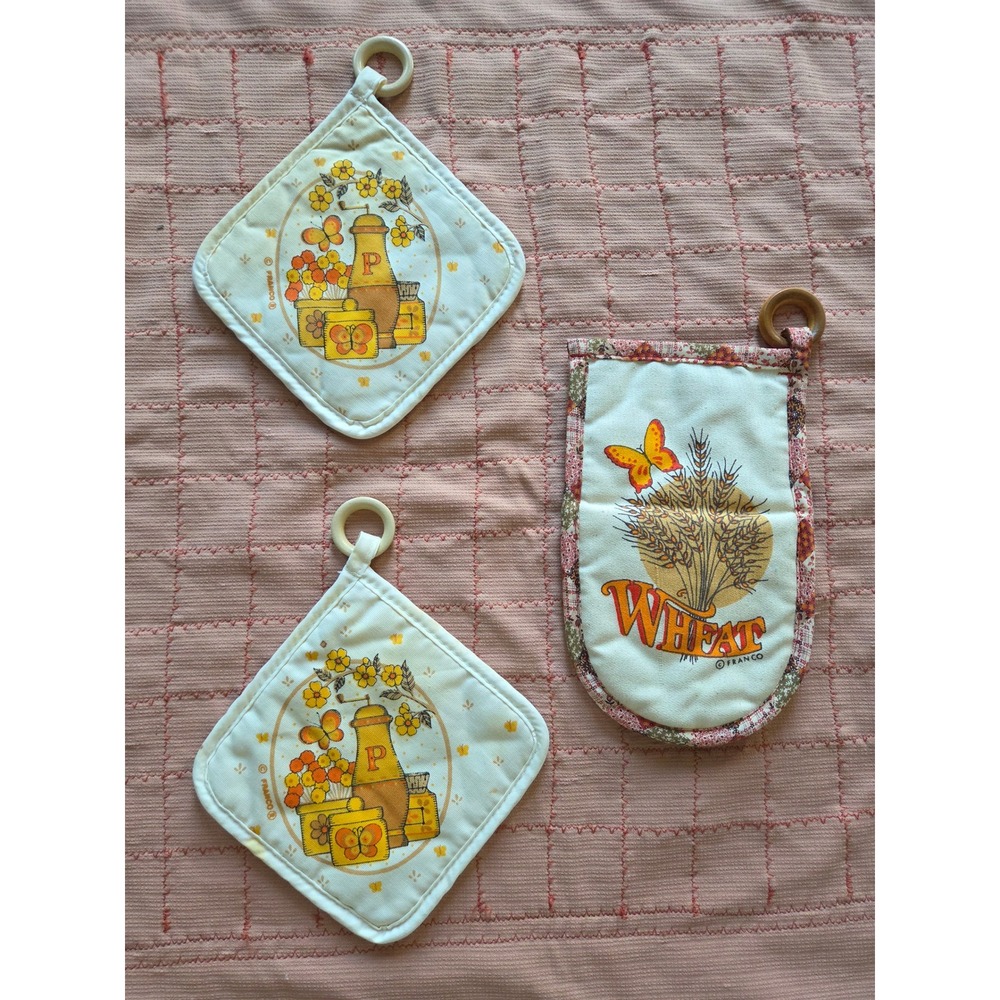 Vintage Franco Kitchen Set Pot Holders Oven Mitt Wheat Butterfly Yellow 3pc